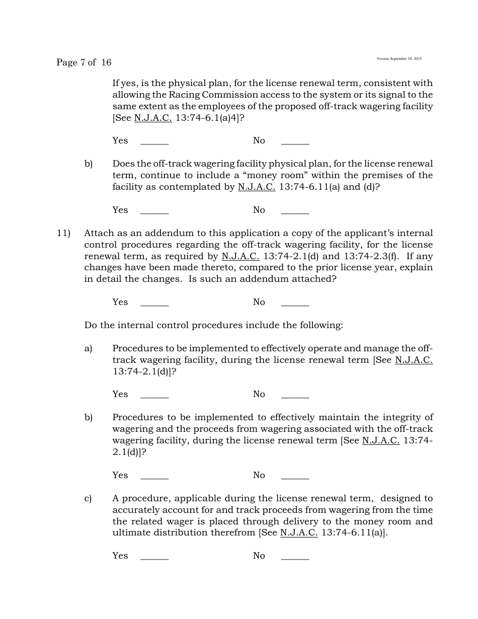 Form C Off-Track Wagering License Renewal Application - New Jersey, Page 7