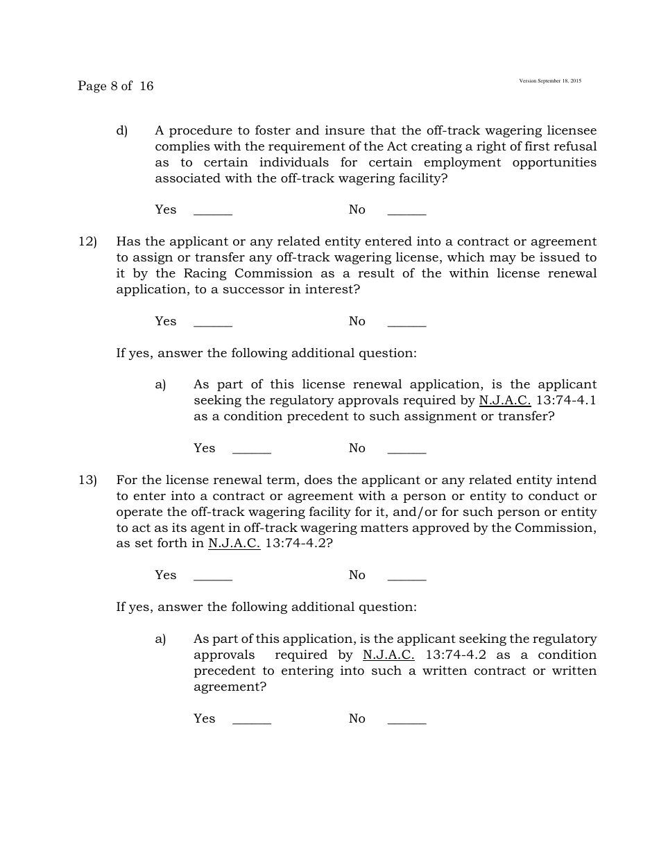 Form C Off-Track Wagering License Renewal Application - New Jersey, Page 8