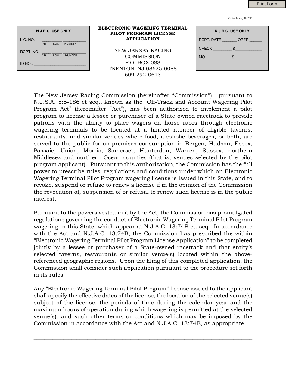 Electronic Wagering Terminal Pilot Program License Application - New Jersey, Page 1