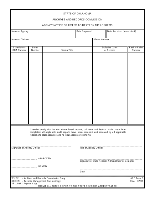 ARC Form 6 Agency Notice of Intent to Destroy Microform Records - Oklahoma