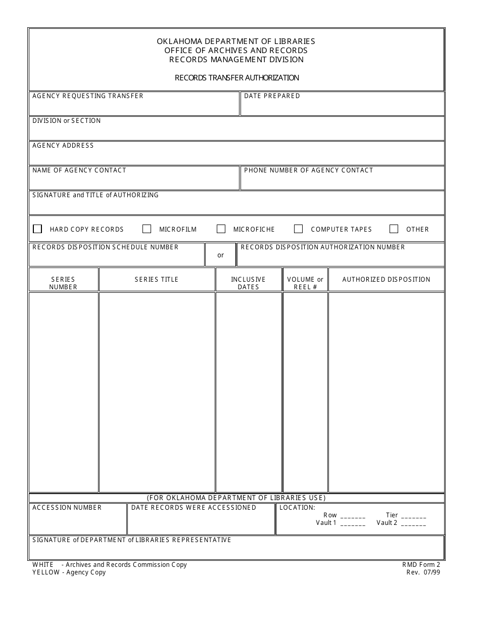 RMD Form 2 Records Transfer Authorization - Oklahoma, Page 1