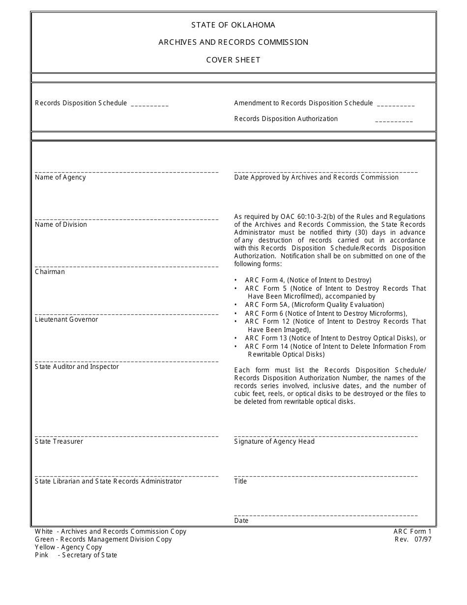 ARC Form 1 Cover Sheet - Oklahoma, Page 1