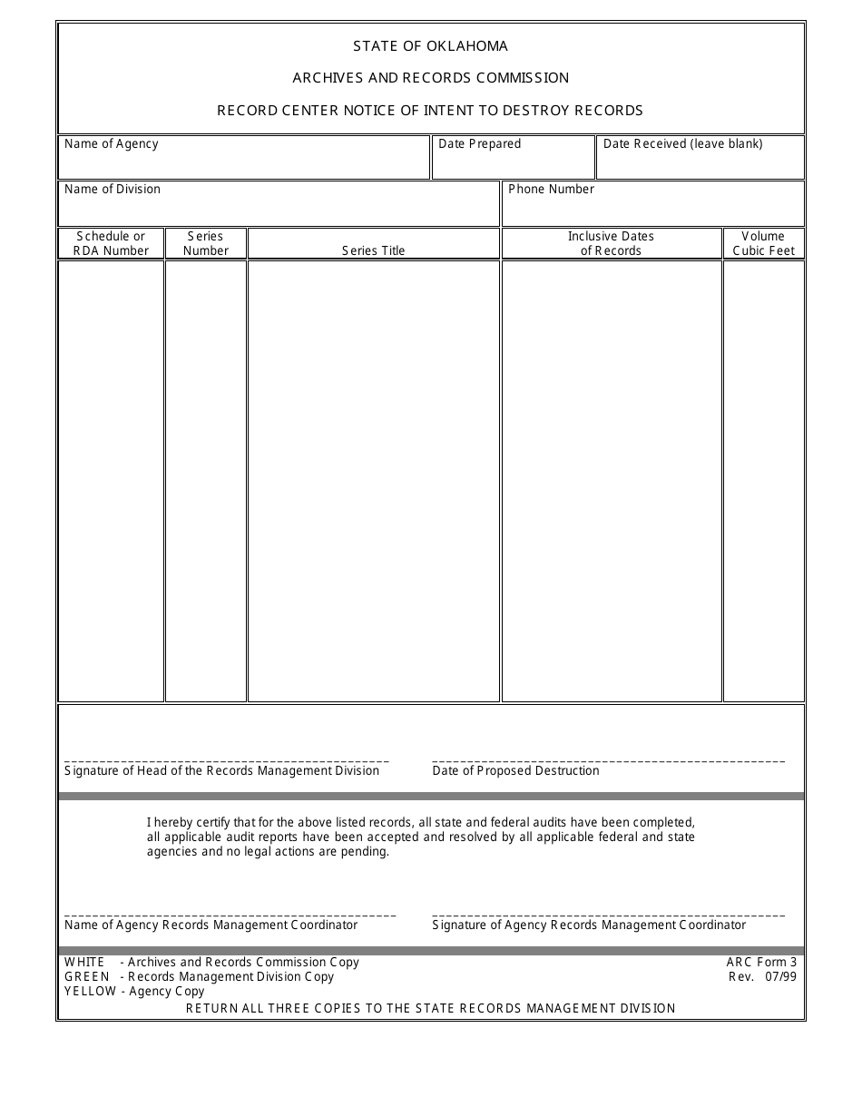 ARC Form 3 Record Center Notice of Intent to Destroy Records - Oklahoma, Page 1
