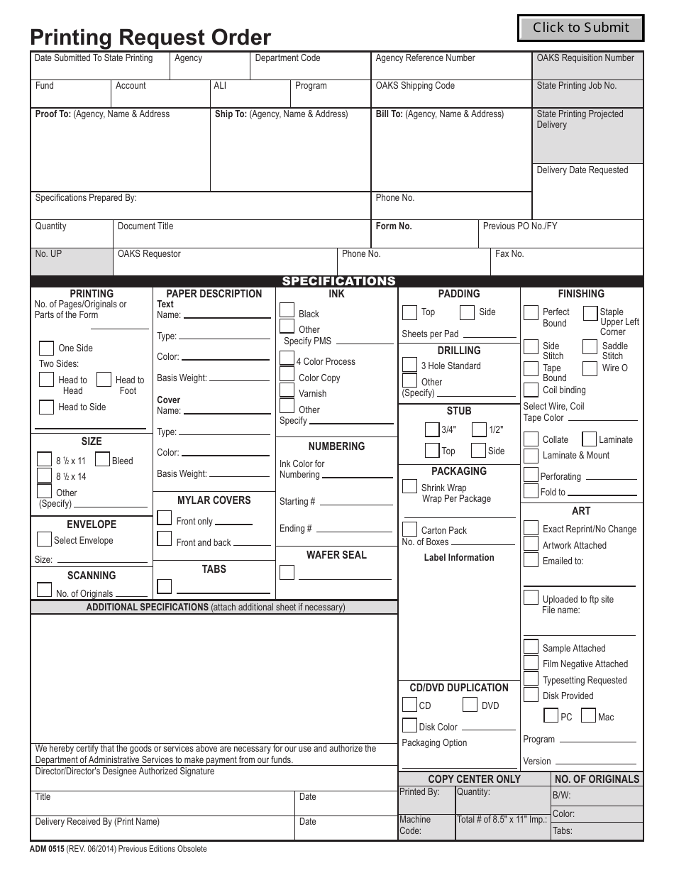 Form ADM0515 Printing Request Order - Ohio, Page 1