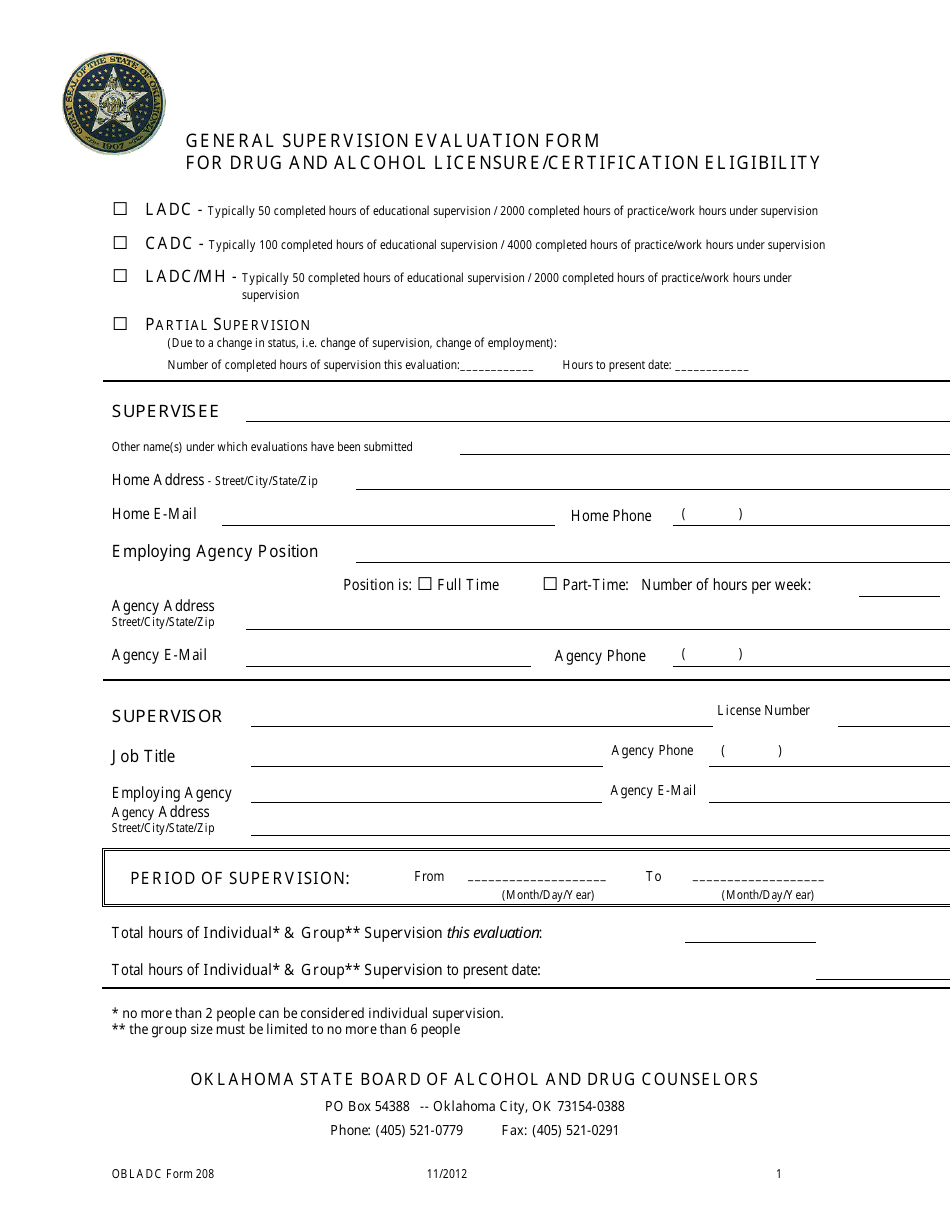 OBLADC Form 208 General Supervision Evaluation Form for Drug and Alcohol Licensure/Certification Eligibility - Oklahoma, Page 1