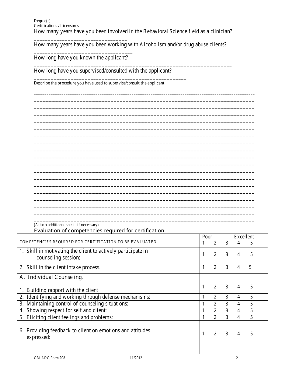 OBLADC Form 208 General Supervision Evaluation Form for Drug and Alcohol Licensure / Certification Eligibility - Oklahoma, Page 2