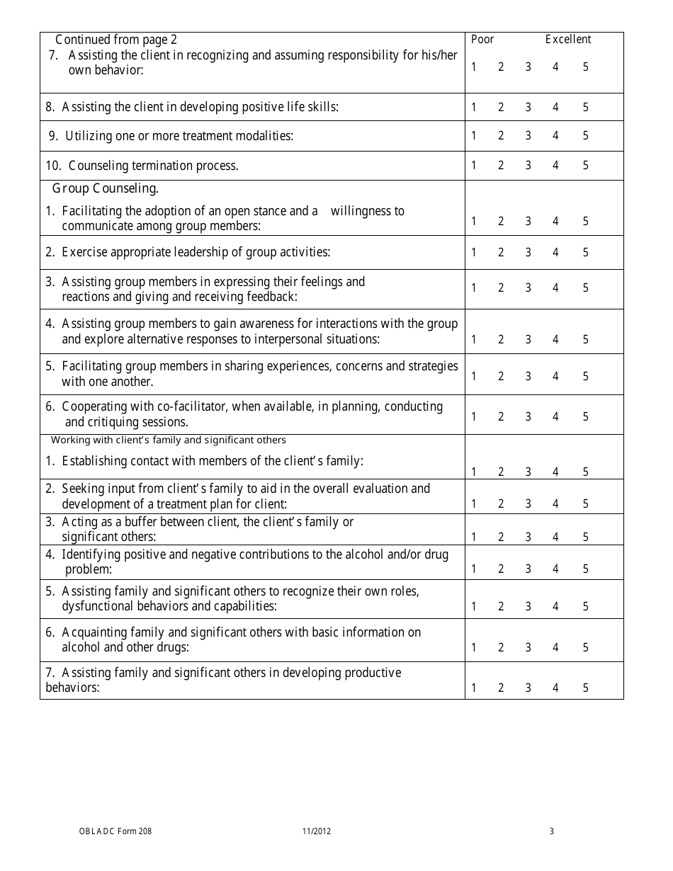 OBLADC Form 208 General Supervision Evaluation Form for Drug and Alcohol Licensure / Certification Eligibility - Oklahoma, Page 3