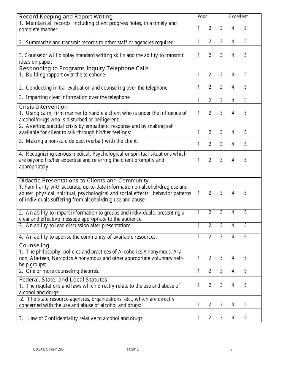 OBLADC Form 208 General Supervision Evaluation Form for Drug and Alcohol Licensure / Certification Eligibility - Oklahoma, Page 5