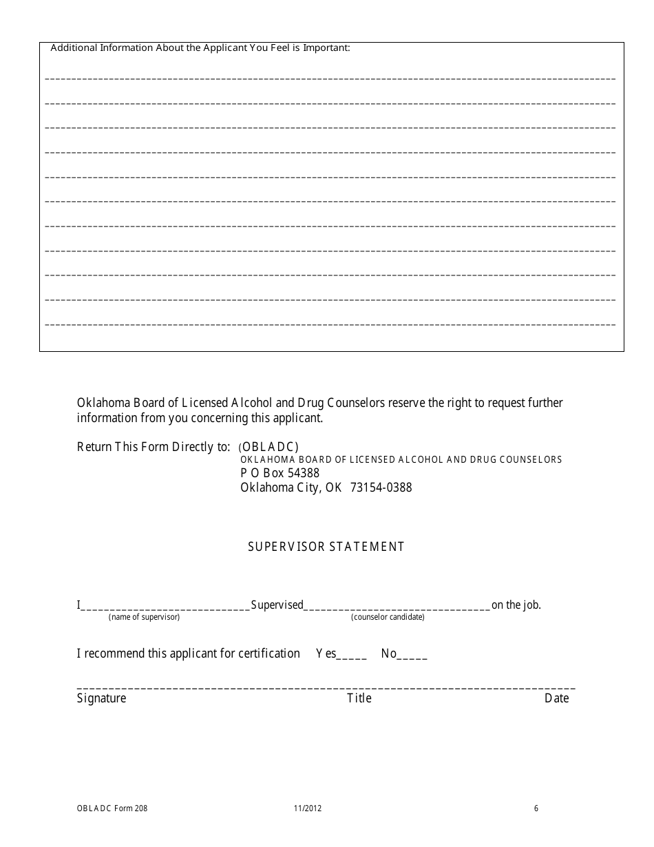 OBLADC Form 208 General Supervision Evaluation Form for Drug and Alcohol Licensure / Certification Eligibility - Oklahoma, Page 6