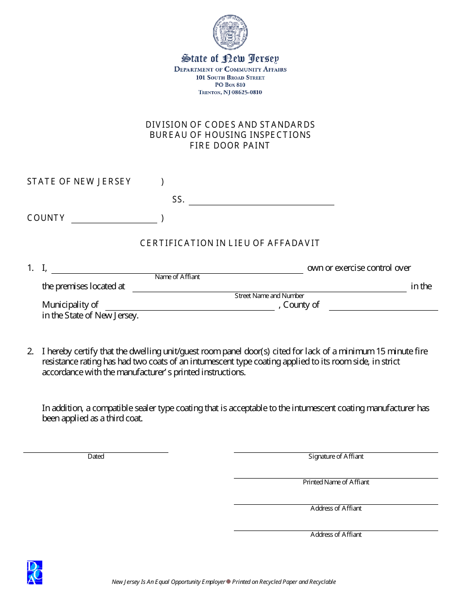 New Jersey Affidavit for Fire Resistance Paint on Door - Fill Out, Sign ...