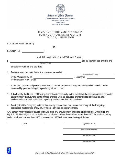 Affidavit for out of Jurisdiction - New Jersey