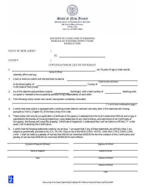 Affidavit for Renovation - New Jersey