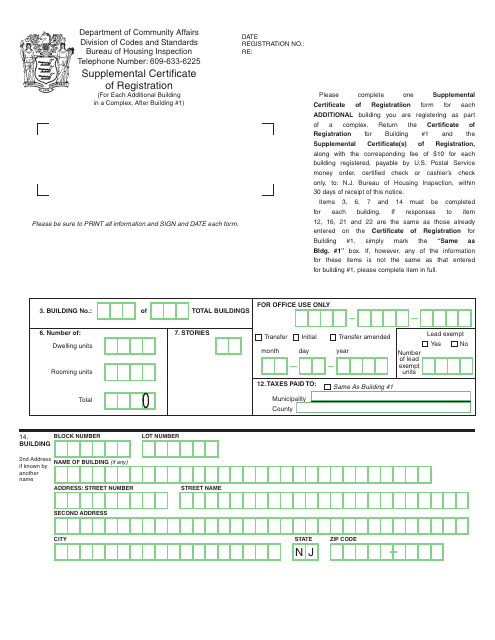 Form BHI4B Supplemental Certificate of Registration - New Jersey