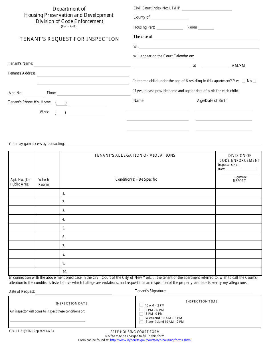 Form CIV-LT-61 Tenants Request for Inspection - New York City, Page 1