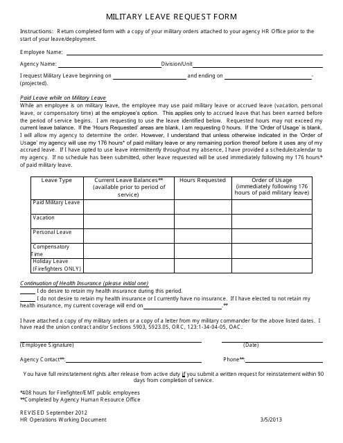 Military Leave Request Form - Ohio Download Pdf