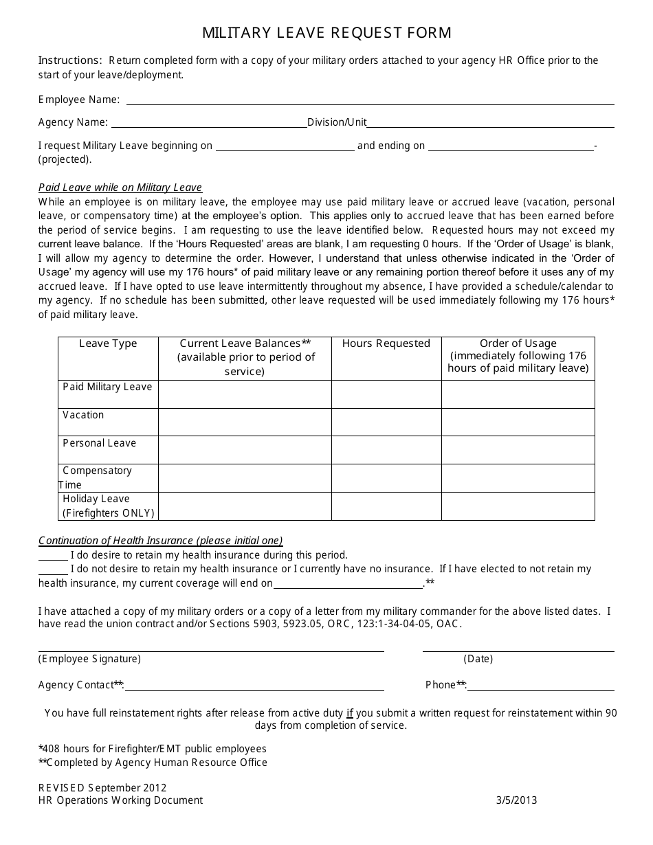 Military Leave Request Form - Ohio, Page 1