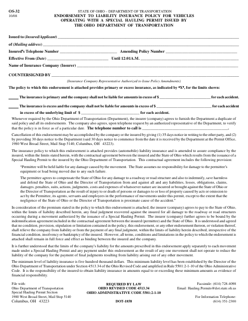 Form OS-32 Endorsement to Liability Insurance Policy for Vehicles Operating With a Special Hauling Permit Issued by the Ohio Department of Transportation - Ohio
