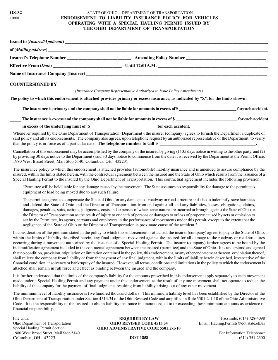 Form OS-32 Endorsement to Liability Insurance Policy for Vehicles Operating With a Special Hauling Permit Issued by the Ohio Department of Transportation - Ohio, Page 1
