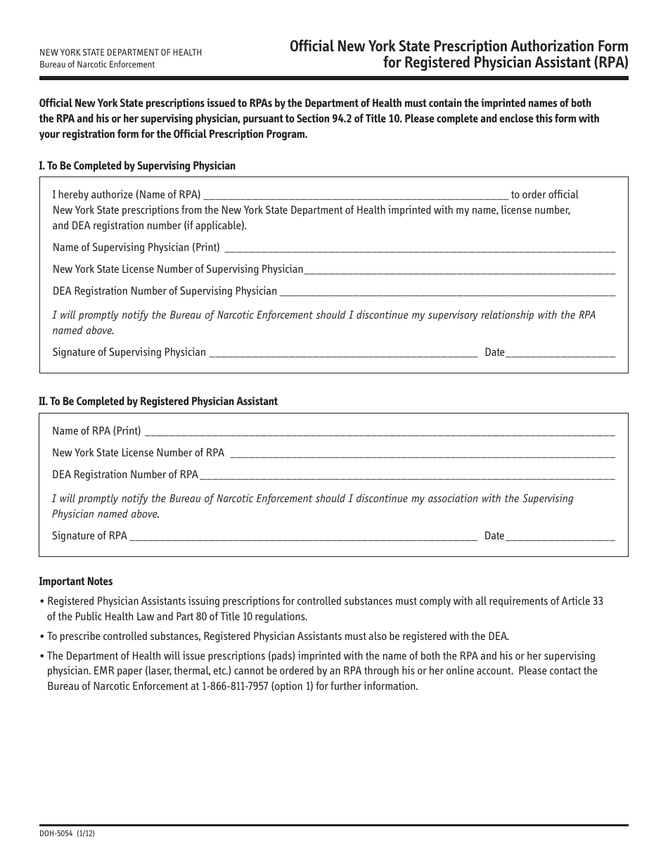 Form DOH-5054 Official New York State Prescription Authorization Form for Registered Physician Assistant (Rpa) - New York, Page 1