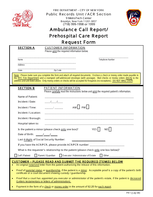 Form PR1 Ambulance Call Report/ Prehospital Care Report Request Form - New York City