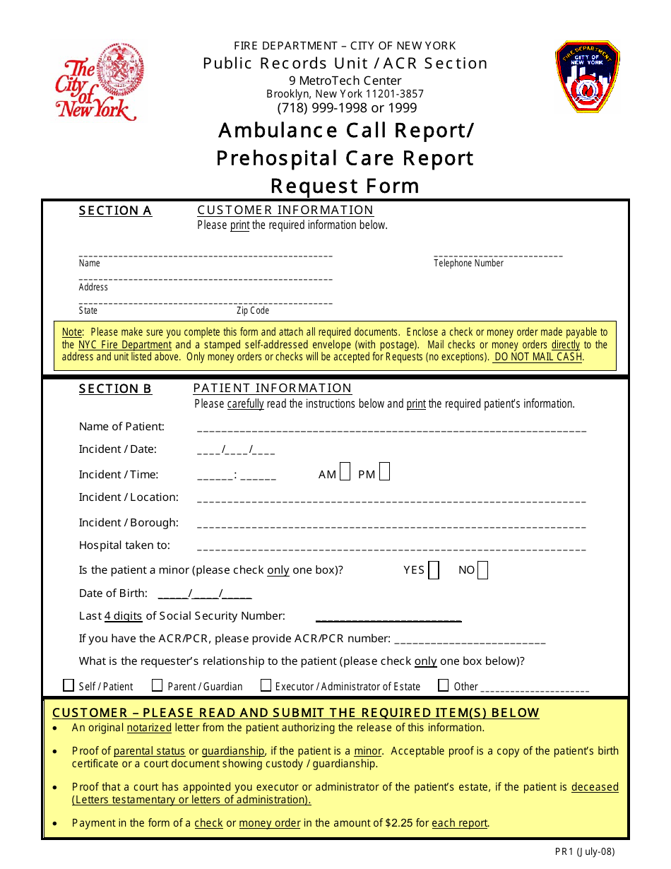 Form PR1 Ambulance Call Report / Prehospital Care Report Request Form - New York City, Page 1
