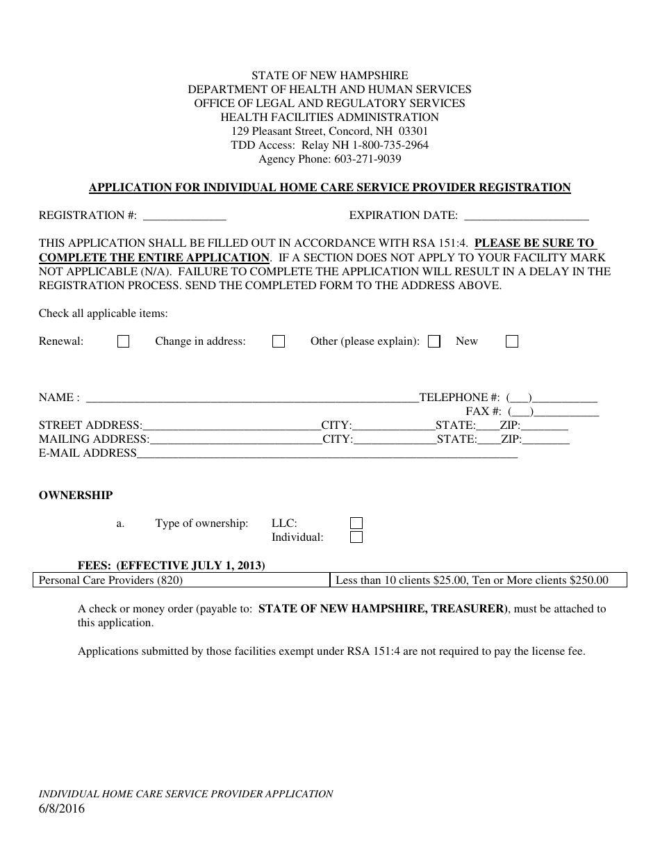 Application for Individual Home Care Service Provider Registration - New Hampshire, Page 1