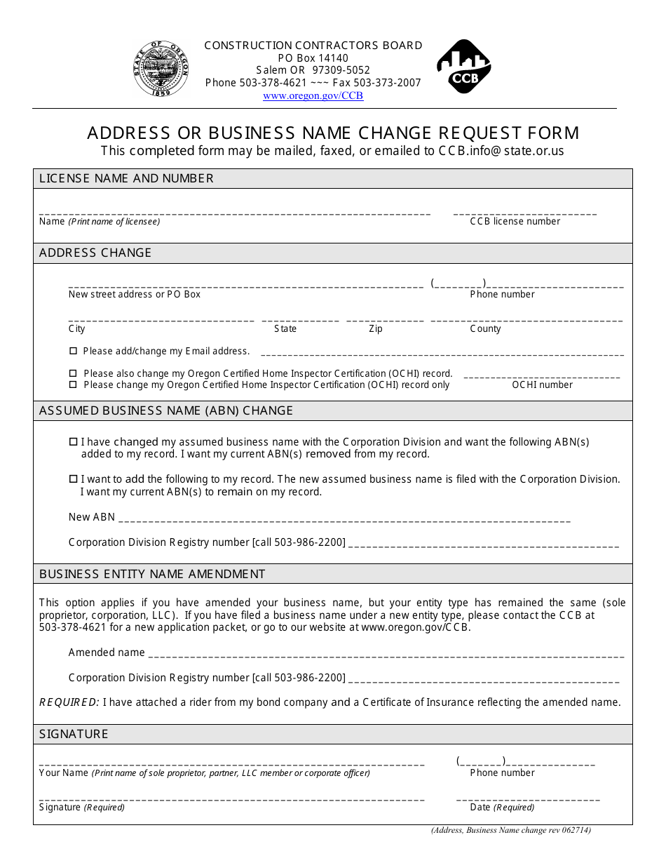 Address or Business Name Change Request Form - Oregon, Page 1