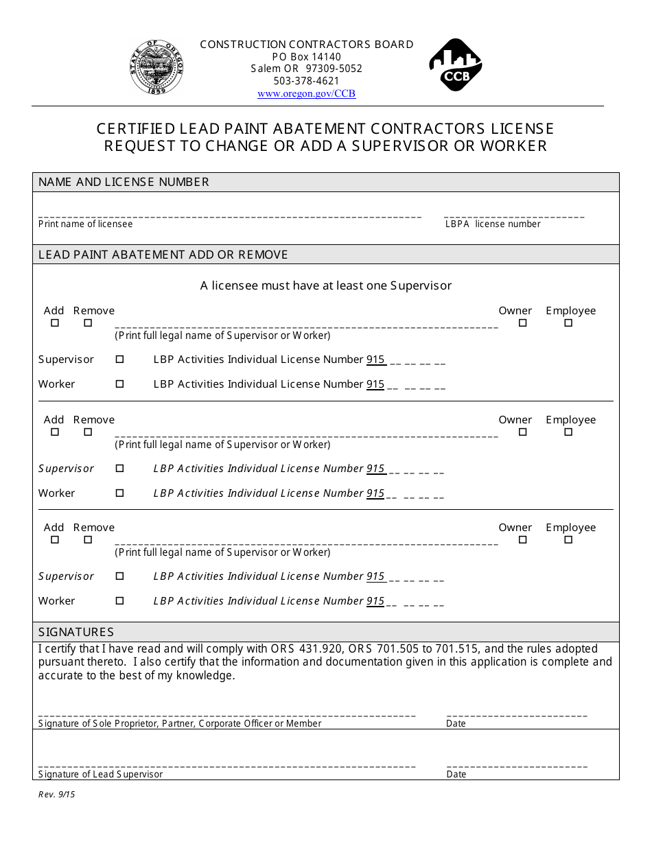 Certified Lead Paint Abatement Contractors License Request to Change or Add a Supervisor or Worker - Oregon, Page 1