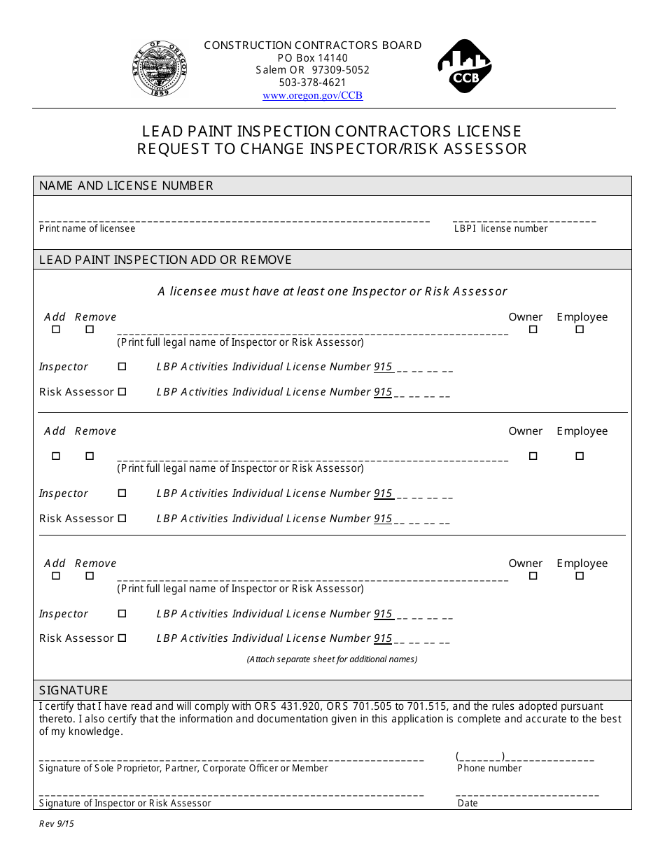 Lead Paint Inspection Contractors License Request to Change Inspector / Risk Assessor - Oregon, Page 1