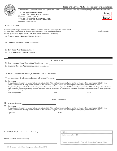 Form 291 Trade and Service Marks - Assignment or Cancellation - Oregon