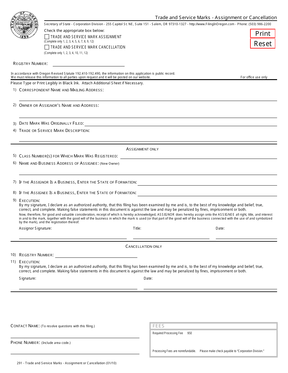 Form 291 Trade and Service Marks - Assignment or Cancellation - Oregon, Page 1