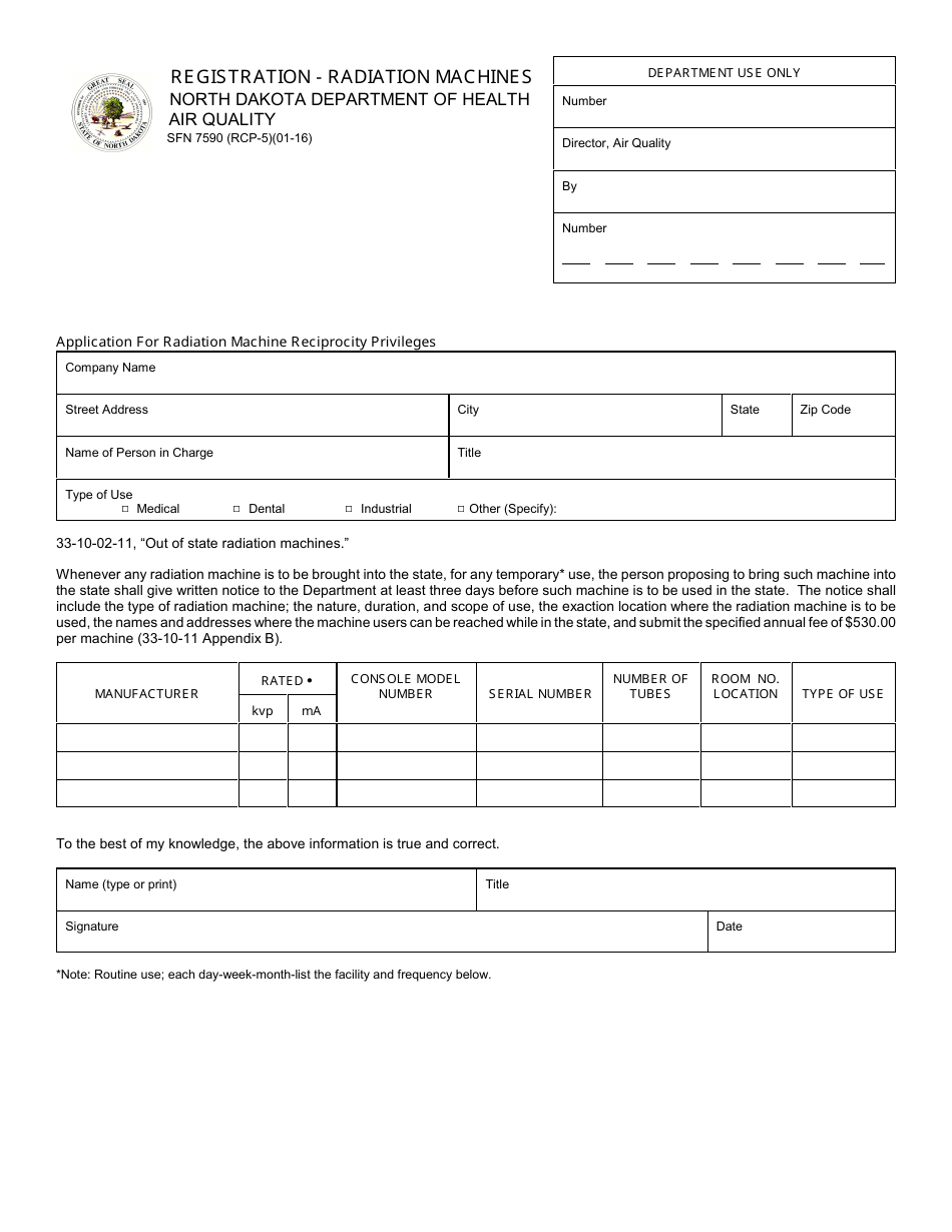 Form SFN7590 (RCP-5) Registration - Radiation Machines - North Dakota, Page 1