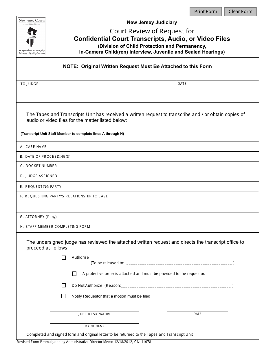 Form 11078 Court Review of Request for Confidential Court Transcripts, Audio, or Video Files (Division of Child Protection and Permanency, in-Camera Child(Ren) Interview, Juvenile and Sealed Hearings) - New Jersey, Page 1