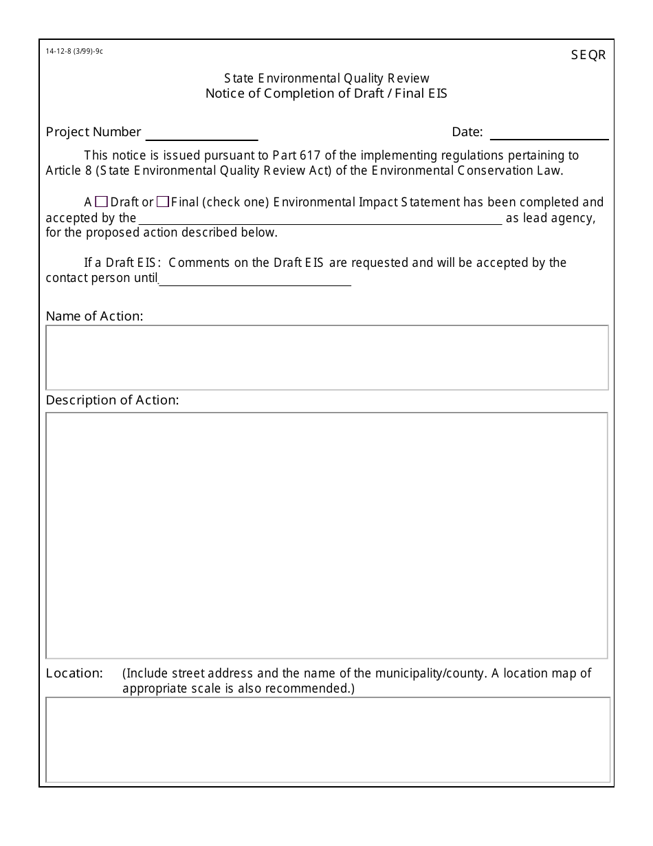 Form SEQR Notice of Completion of Draft / Final Eis - New York, Page 1