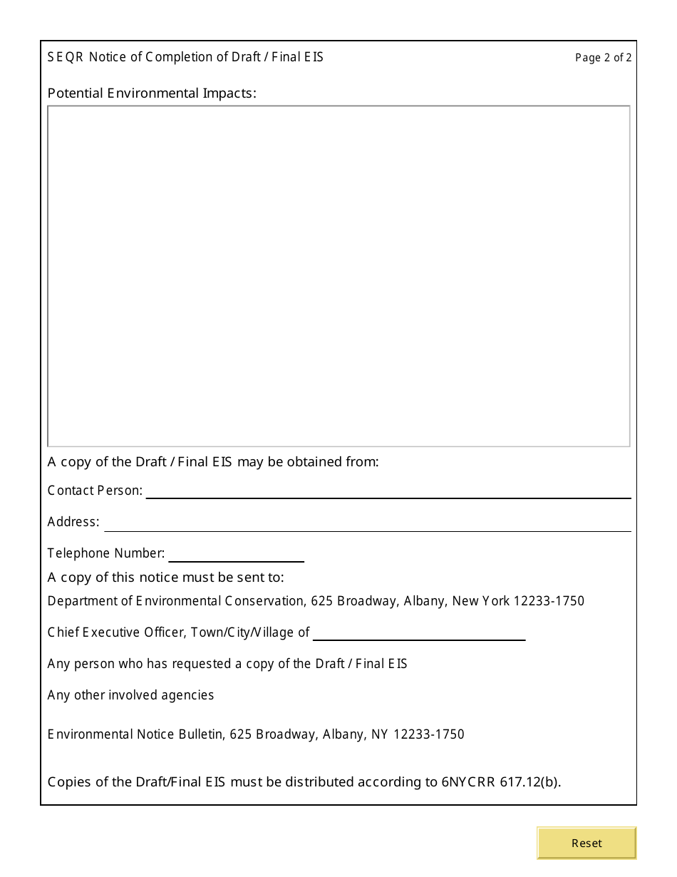 Form SEQR Notice of Completion of Draft / Final Eis - New York, Page 2