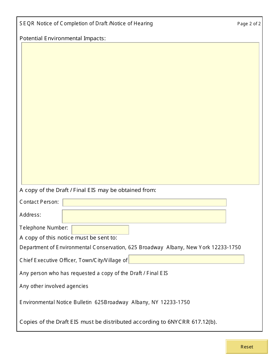 Form SEQR Notice of Completion of Draft and Notice of Seqr Hearing - New York, Page 2