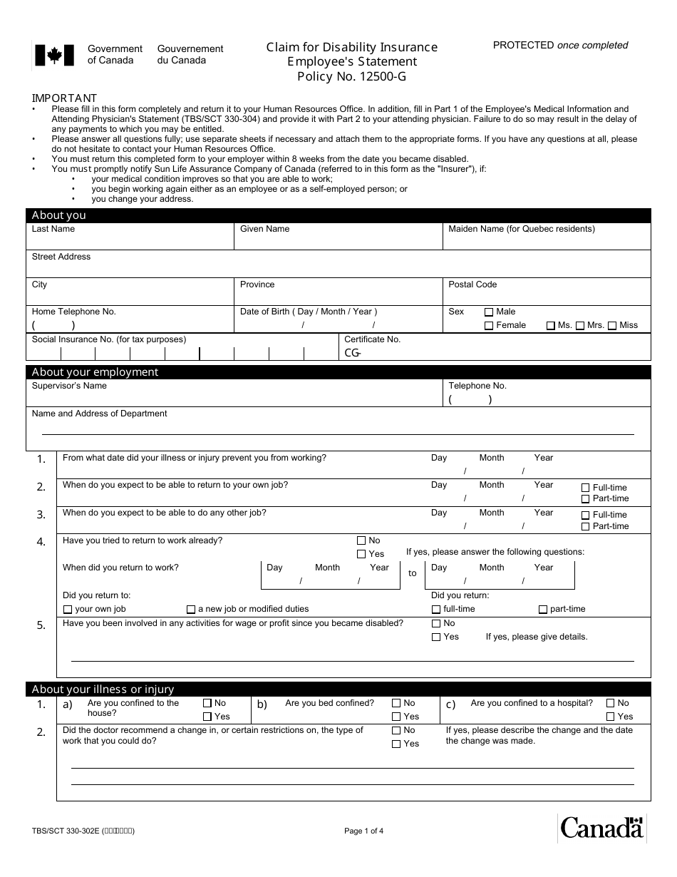 Form TBS / SCT330-302 Claim for Disability Insurance Employees Statement Policy No. 12500-g - Canada, Page 1