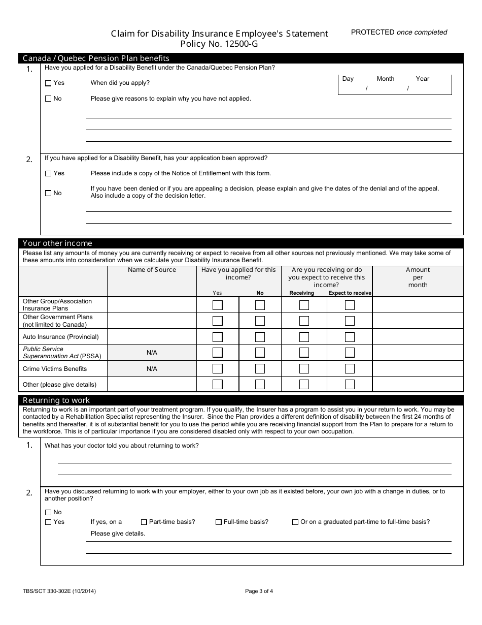 Form TBS / SCT330-302 Claim for Disability Insurance Employees Statement Policy No. 12500-g - Canada, Page 3