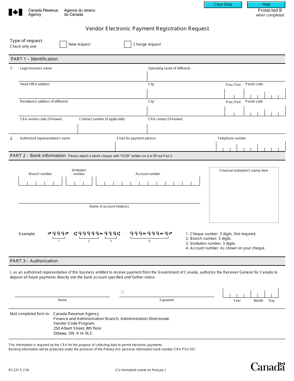Form RC231 Vendor Electronic Payment Registration Request - Canada, Page 1