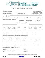 Document preview: Form BC-5 License to Conduct Bingo Games - New York