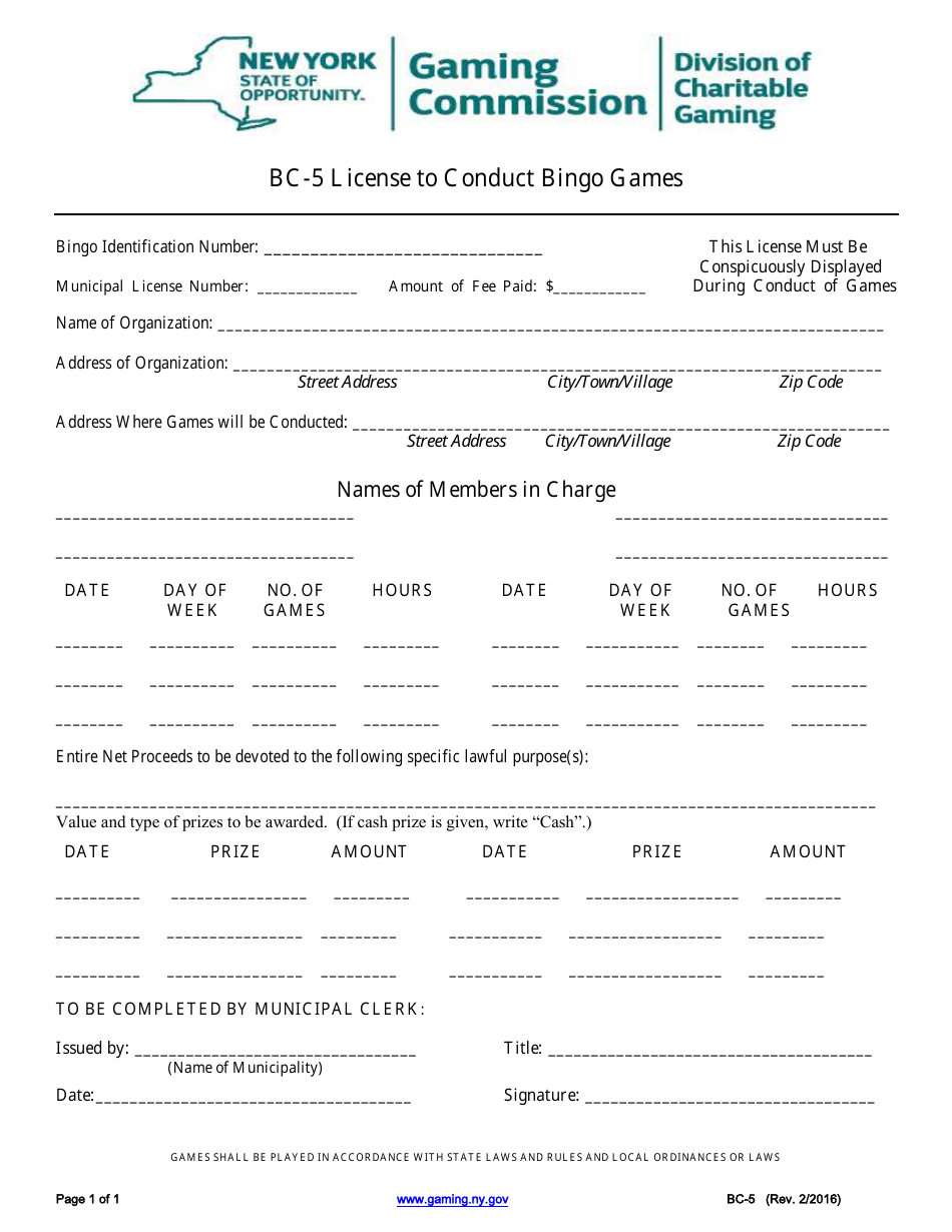 Form BC-5 License to Conduct Bingo Games - New York, Page 1