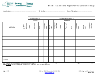 Form BC-7B &quot;Cash Control Report for the Conduct of Bingo&quot; - New York