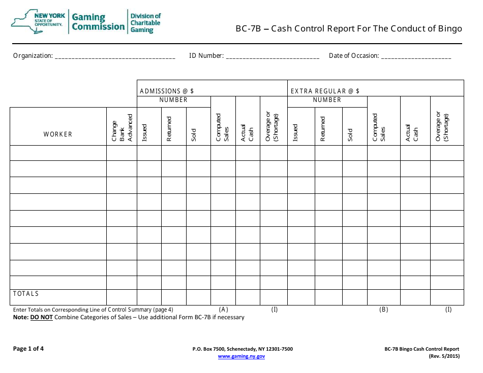 Form BC-7B Cash Control Report for the Conduct of Bingo - New York, Page 1