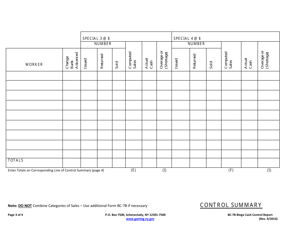 Form BC-7B Cash Control Report for the Conduct of Bingo - New York, Page 3