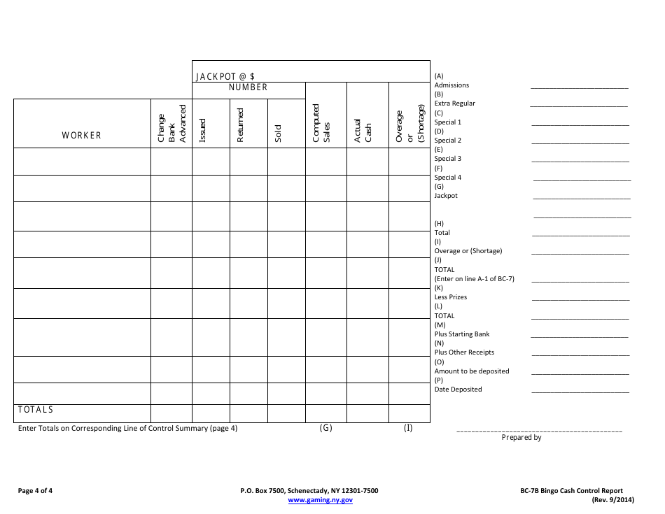 Form BC-7B Cash Control Report for the Conduct of Bingo - New York, Page 4