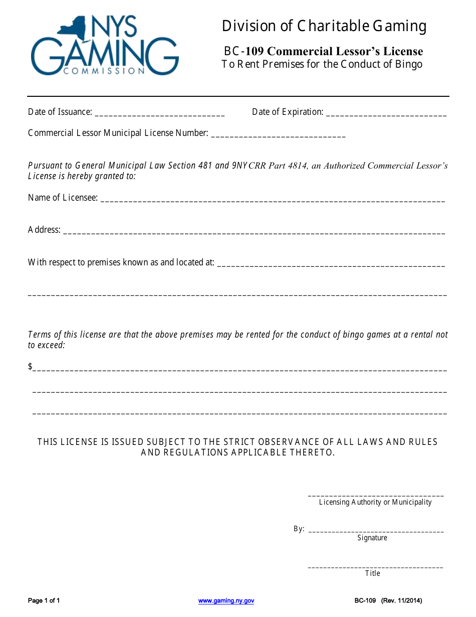 Form BC-109 Commercial Lessors License to Rent Premises for the Conduct of Bingo - New York, Page 1