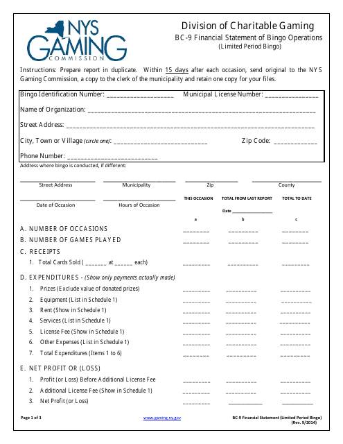 Form BC-9 Financial Statement of Bingo Operations (Limited Period Bingo) - New York