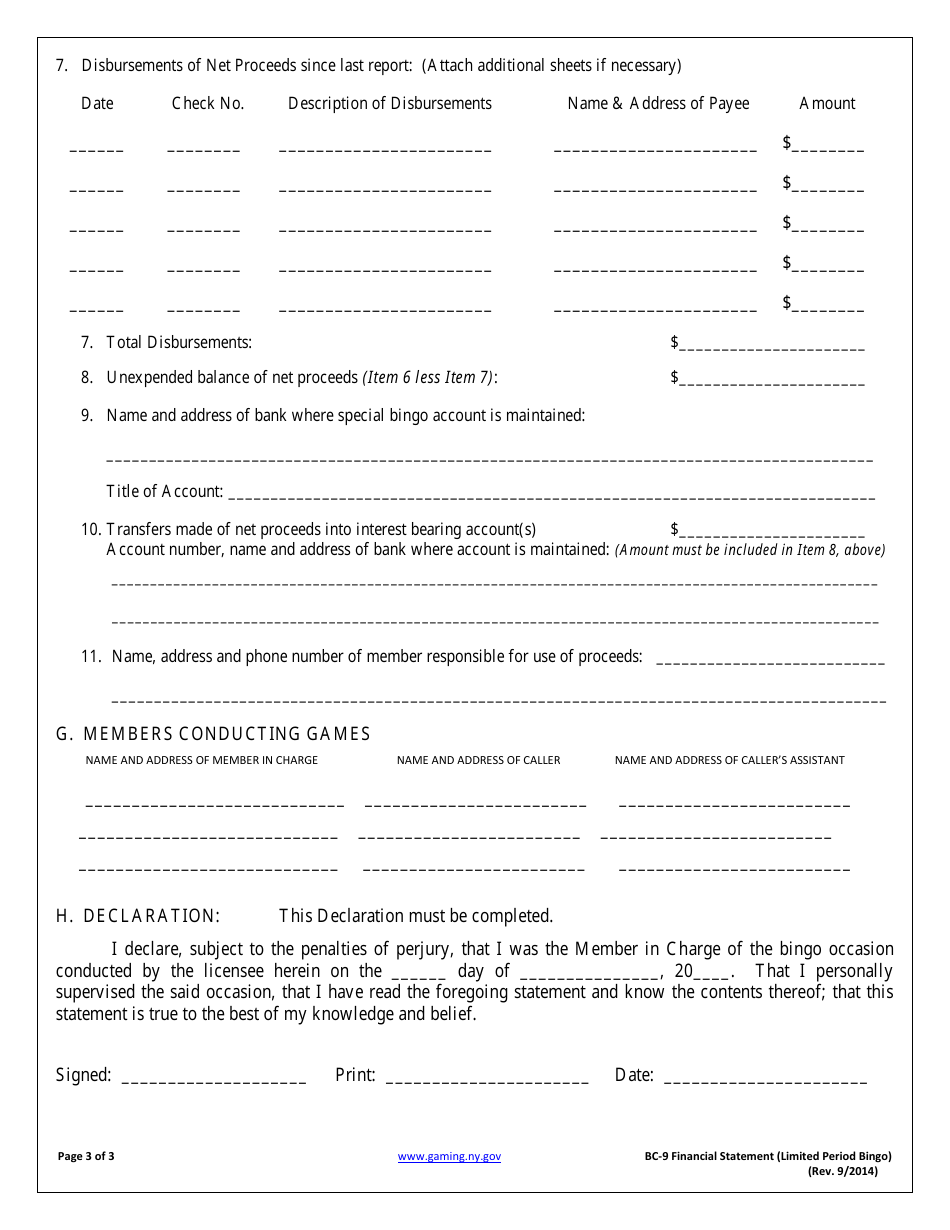 Form BC-9 Financial Statement of Bingo Operations (Limited Period Bingo) - New York, Page 3