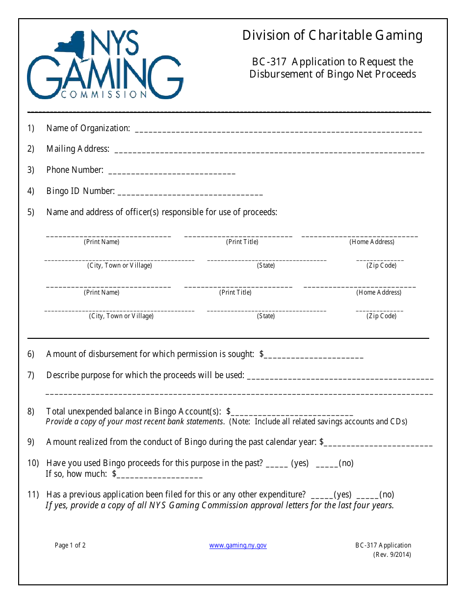 Form BC-317 Application to Request the Disbursement of Bingo Net Proceeds - New York, Page 1
