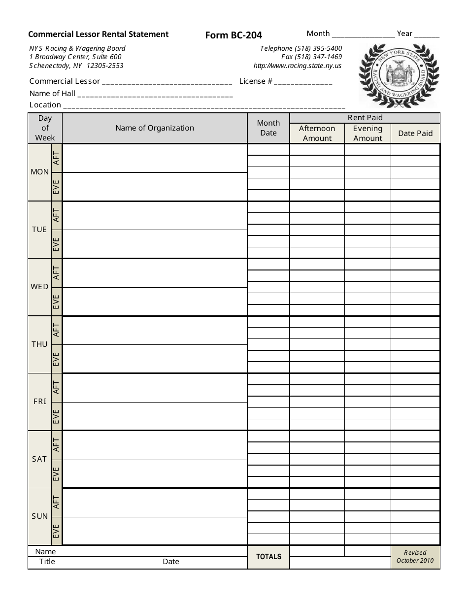 Form BC-204 Commercial Lessor Rental Statement - New York, Page 1